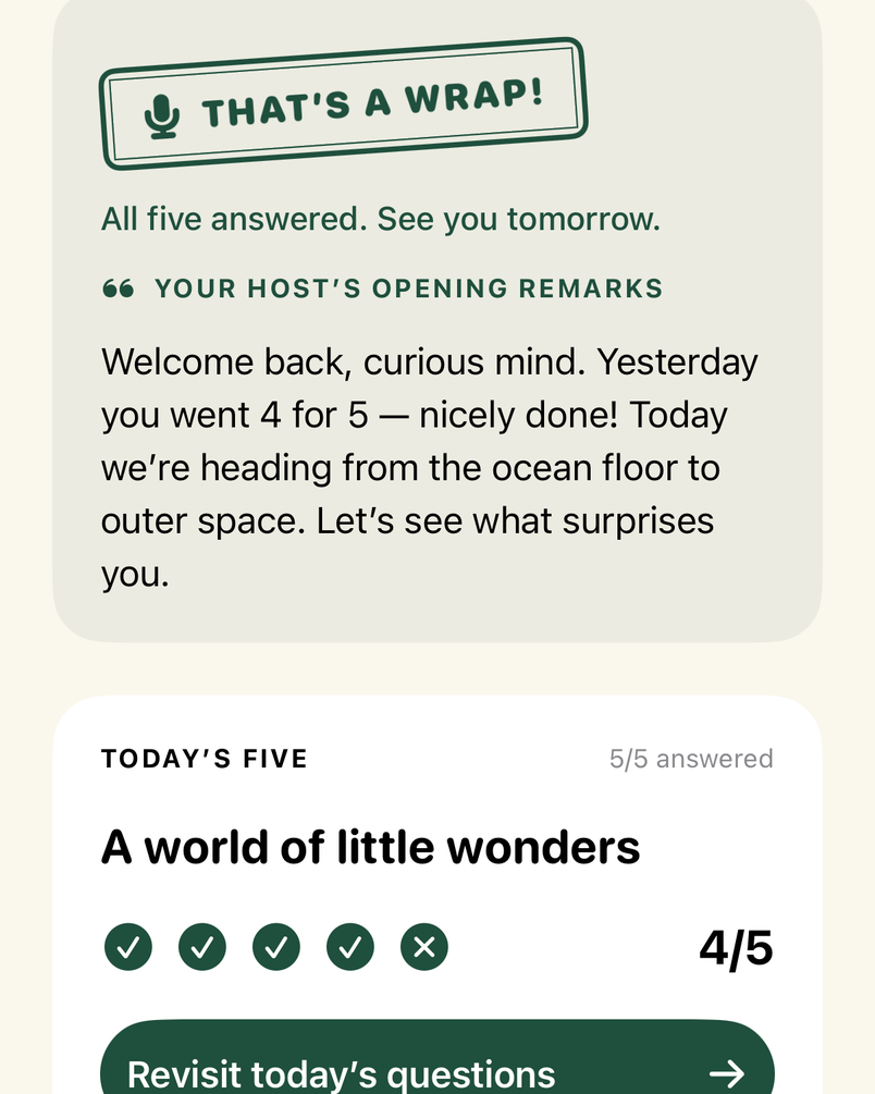 Completed quiz with a That’s a wrap stamp, the host’s message, and a score of 4 out of 5.